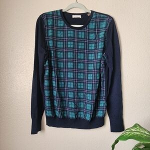 Equipment Silk Wool Green Blue Preppy Crewneck Pullover Top Academia Plaid Large